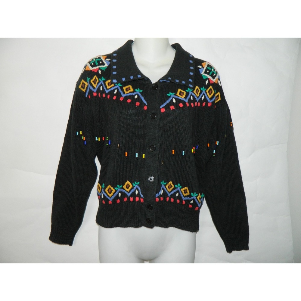 BAMBU Sweater Cardigan Medium Black Western Bead Fringes Embroidery Vintage‎